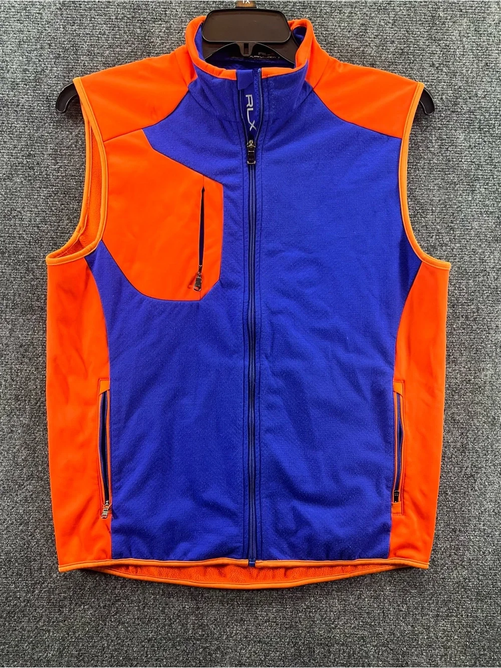 RLX Ralph Lauren Vest Mens Medium Orange/Blue Fleece Full Zip Performance Golf